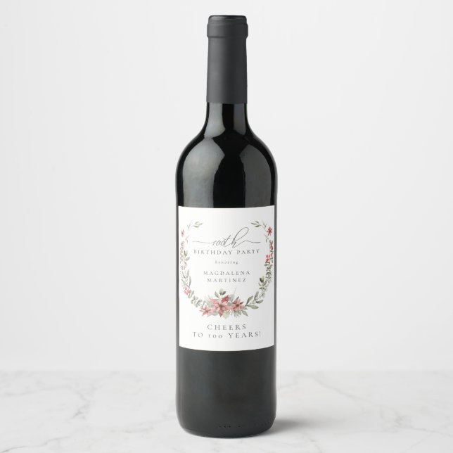 Boho Winter Greenery Red Floral 100th Birthday Wine Label (Front)