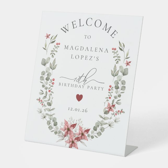 Boho Winter Greenery Red Floral 18th Birthday Pedestal Sign (Front)