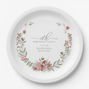 Boho Winter Greenery Red Floral 19th Birthday Paper Plate