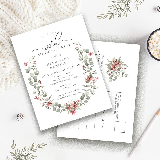 Boho Winter Greenery Red Floral 30th Birthday Invitation Postcard (Creator Uploaded)