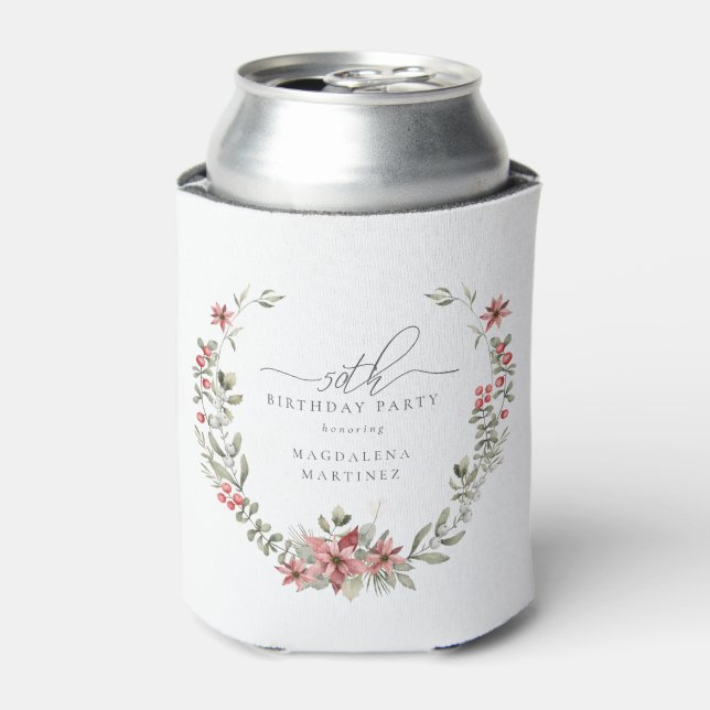 Boho Winter Greenery Red Floral 50th Birthday Can Cooler (Can Front)