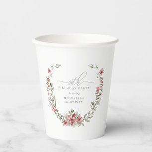 Boho Winter Greenery Red Floral 50th Birthday Paper Cups