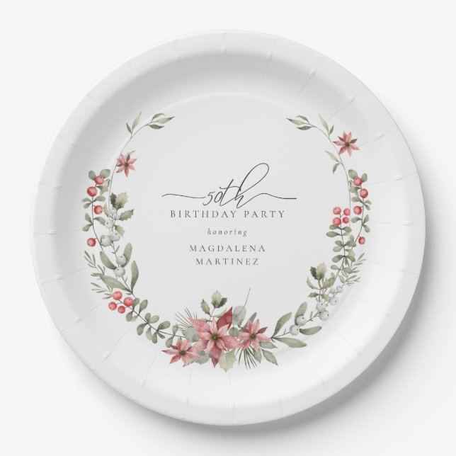 Boho Winter Greenery Red Floral 50th Birthday Paper Plate (Front)