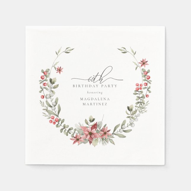 Boho Winter Greenery Red Floral 60th Birthday Napkin (Front)