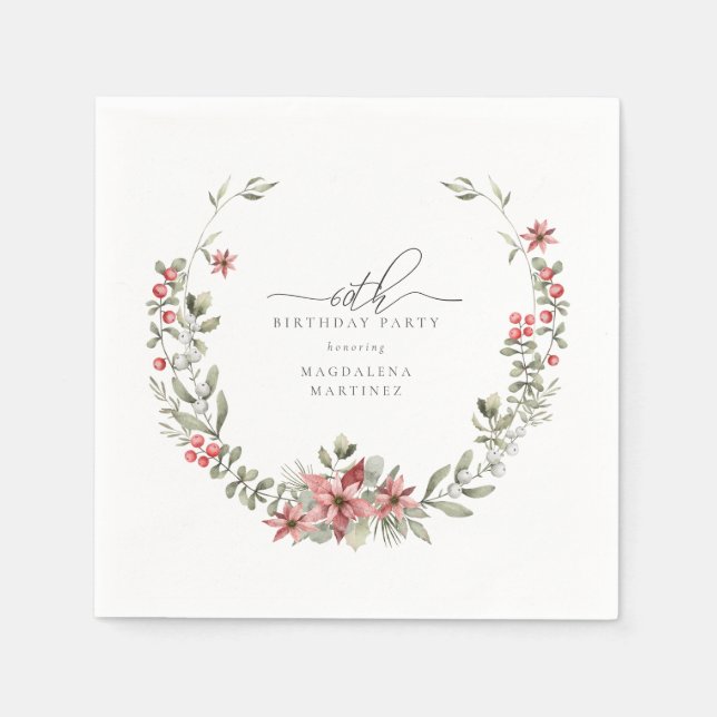 Boho Winter Greenery Red Floral 60th Birthday Napkin (Front)