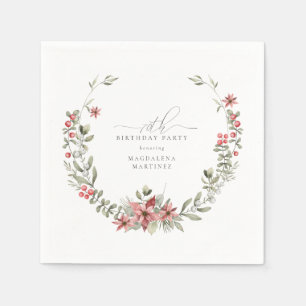 Boho Winter Greenery Red Floral 70th Birthday Napkin