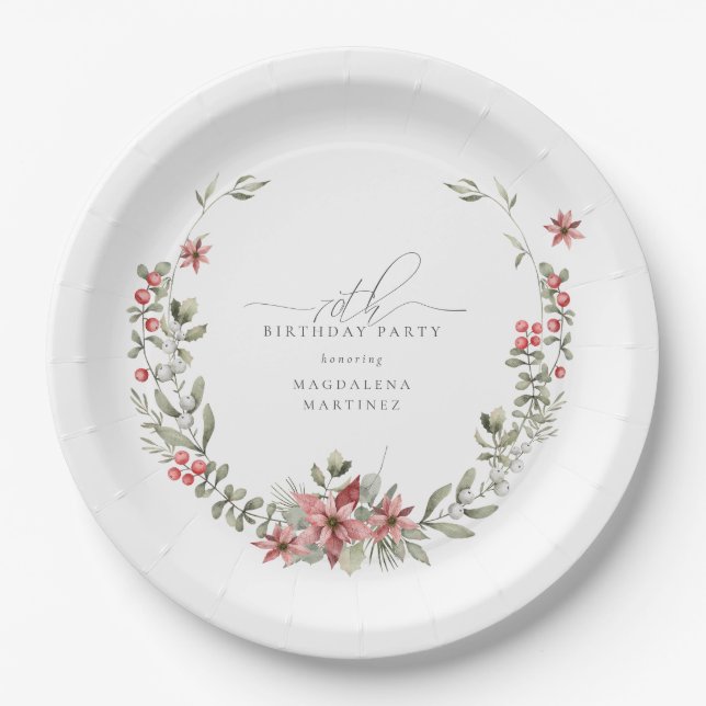 Boho Winter Greenery Red Floral 70th Birthday Paper Plate (Front)