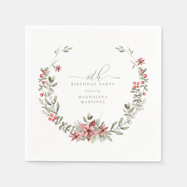 Boho Winter Greenery Red Floral 90th Birthday Napkin (Front)