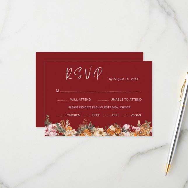 Boho Winter Holiday Burgundy Wedding QR Code  RSVP Card (Front/Back In Situ)