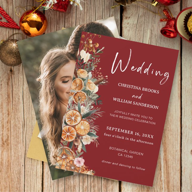 Boho Winter Holiday Wedding Burgundy Photo Invitation (Creator Uploaded)