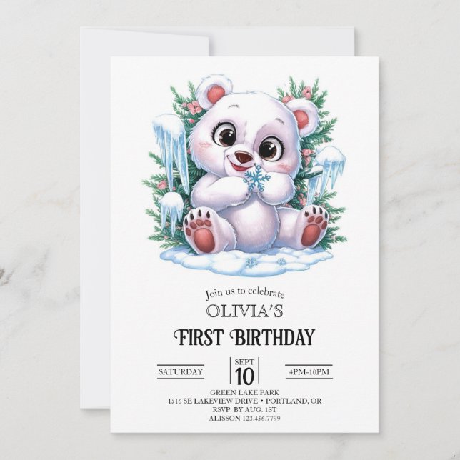 Boho Winter Polar Bear 1st Birthday Digital Invitation (Front)