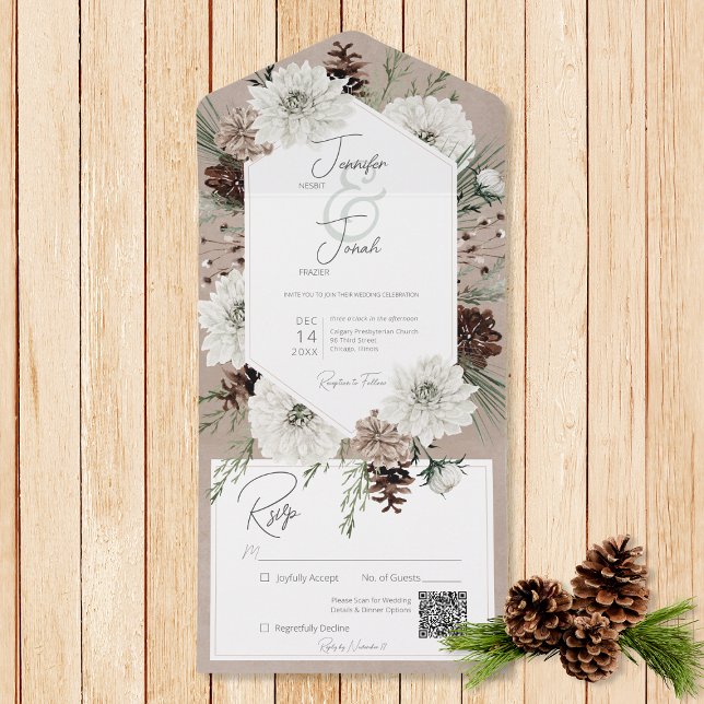 Boho Winter White Floral & Pine Brown QR Code All In One Invitation (Also available without a QR code; with or without dinner selection options.)