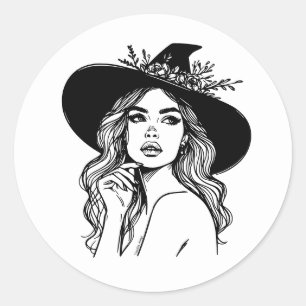 Boho Witch Line Art Spooky Season Halloween Classic Round Sticker
