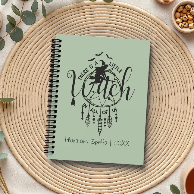 Boho Witch Vibes Tote – Little Witch in All of Us Planner (Boho Witch Vibes – Little Witch in All of Us Planner on a boho table with herbs and a cup of tea.)