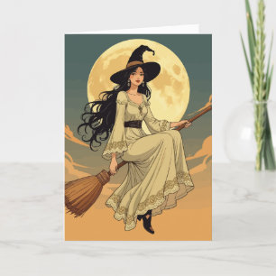 Boho Witchy Woman Astride A Besom Vector Art Holiday Card