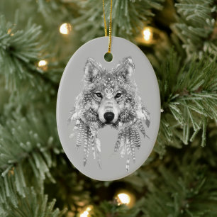 Boho Wolf Customizable  Ceramic Ornament