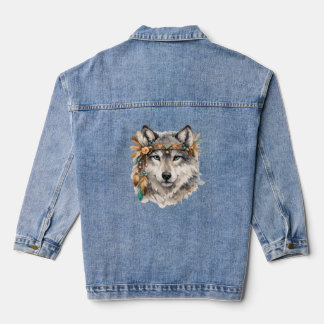 Boho Wolf Portrait Embroidered Look Zip Hoodie Denim Jacket