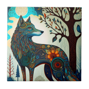 Boho Wolf Surreal Wildlife Art Ceramic Tile