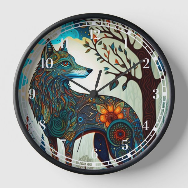 Boho Wolf Surreal Wildlife Art Clock (Front)