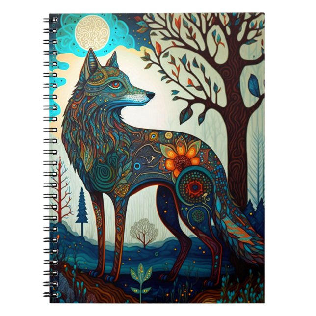 Boho Wolf Surreal Wildlife Art Notebook (Front)