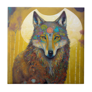 Boho Wolf Surreal Wildlife Art Tile