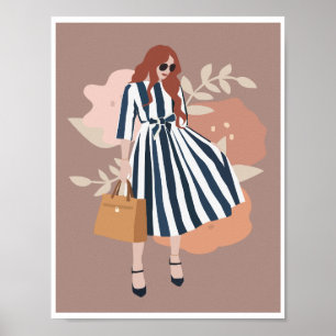 Boho Woman Blue Striped Dress Floral Fashion Art Poster
