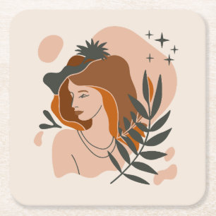 Boho Woman Stars Square Paper Coaster