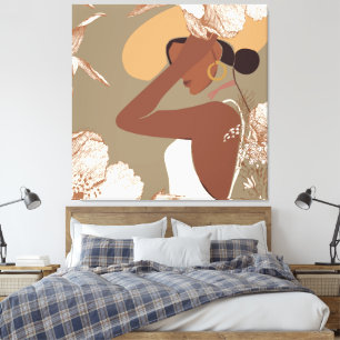 Boho Woman with Neutral Aesthetic Floral Line Art Canvas Print