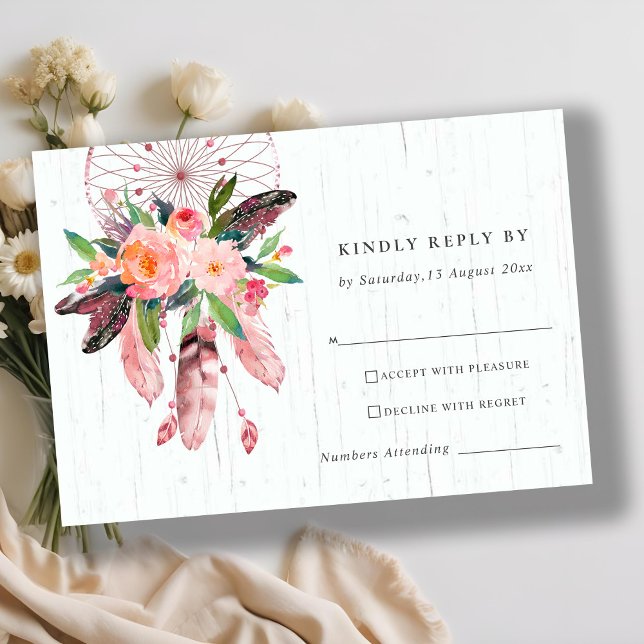 BOHO WOOD BLUSH DREAM CATCHER FLORAL WEDDING RSVP (Creator Uploaded)