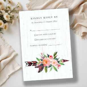 BOHO WOOD COUNTRY BLUSH ARROW FLORAL WEDDING RSVP CARD