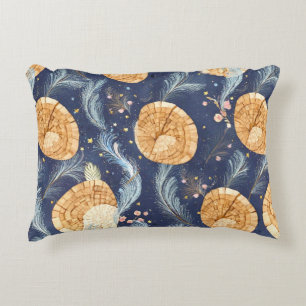 Boho Wood Grain Fan and Navy Feather Botanical Accent Pillow