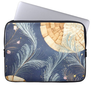 Boho Wood Grain Fan and Navy Feather Botanical  Laptop Sleeve