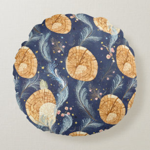 Boho Wood Grain Fan and Navy Feather Botanical Round Pillow