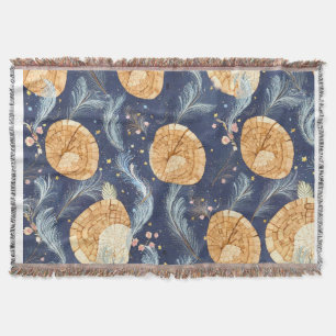 Boho Wood Grain Fan and Navy Feather Botanical Throw Blanket
