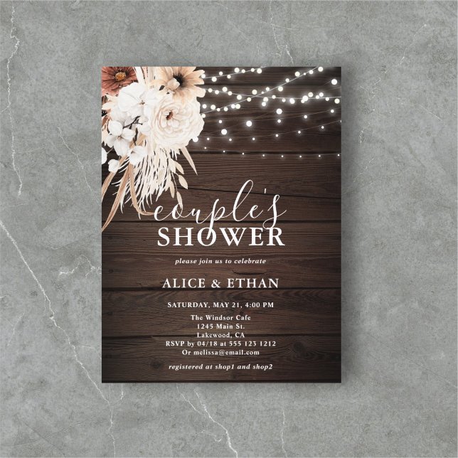 Boho Wood Pampa Grass Flower Couples Shower Invitation Postcard (Creator Uploaded)