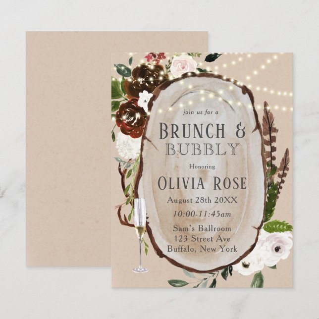 Boho Wood Slice Marsala Brunch & Bubbly Invitation (Front/Back)