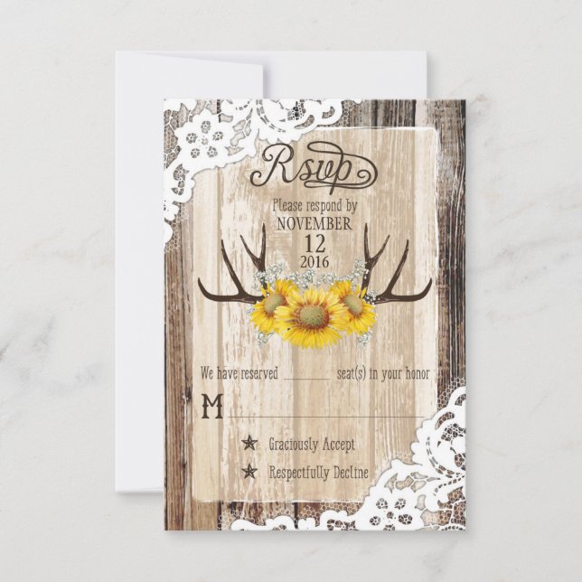 Boho Wood Sunflower Antlers Lace Rustic RSVP Card (Front)