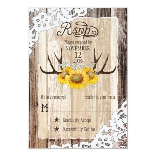 Boho Wood Sunflower Antlers Lace Rustic RSVP Card