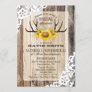 Boho Wood Sunflower Antlers Rustic Bridal Shower Invitation
