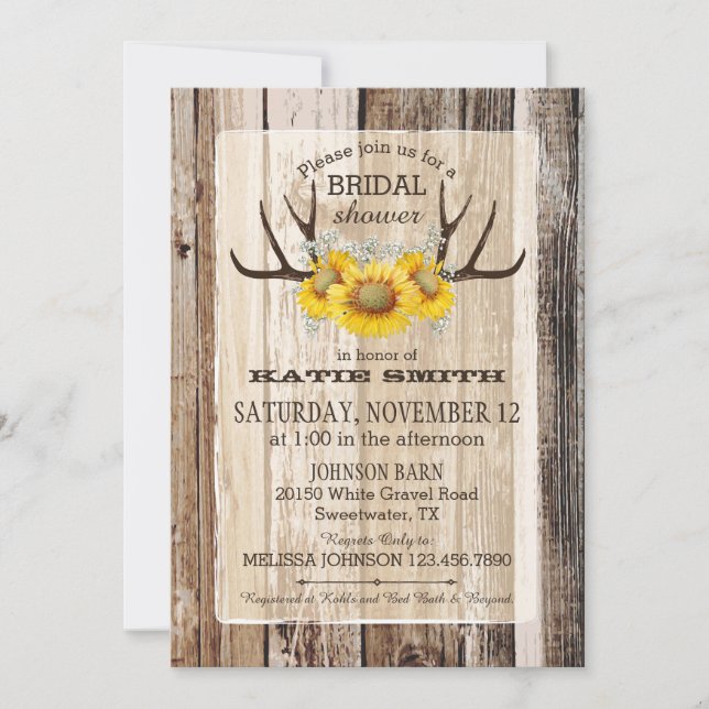 Boho Wood Sunflower Antlers Rustic Bridal Shower Invitation (Front)
