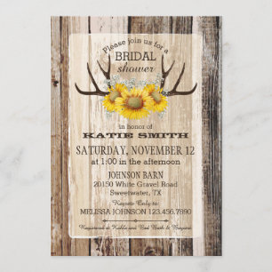 Boho Wood Sunflower Antlers Rustic Bridal Shower Invitation