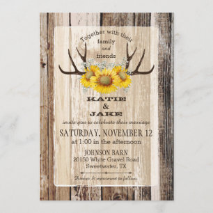 Boho Wood Sunflower Antlers Rustic Wedding Invitation