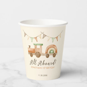 Boho Wood Train Transport Kids Birthday Paper Cups