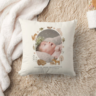 Boho Woodland Animals Baby Stats Photo Throw Pillow