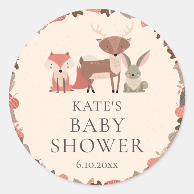 Boho Woodland Animals Forest Baby Shower Classic Round Sticker (Front)