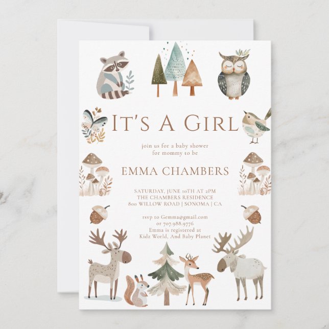Boho Woodland Animals It's A Girl Baby Shower Invitation (Front)