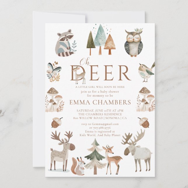 Boho Woodland Animals Oh Deer Girl Baby Shower Invitation (Front)