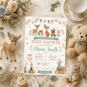 Boho Woodland Baby Shower Tribal Forest Animals Invitation
