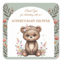 Boho Woodland Bear Baby Shower Favour Sticker