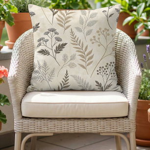 Boho Woodland Botanical Beige Neutral Outdoor Pillow